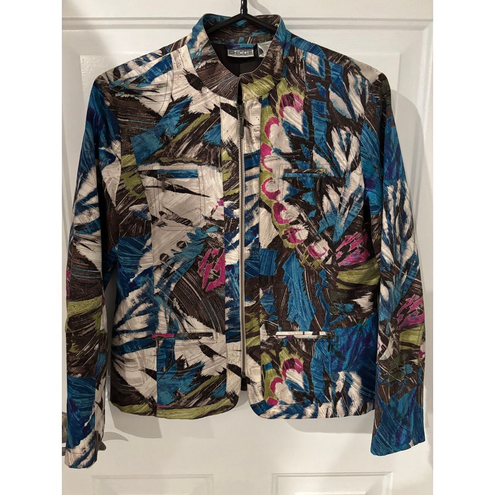 Chico's‎ Full Zip Jacket Jewel Tone Abstract Print Metallic Glitter Size M - 1